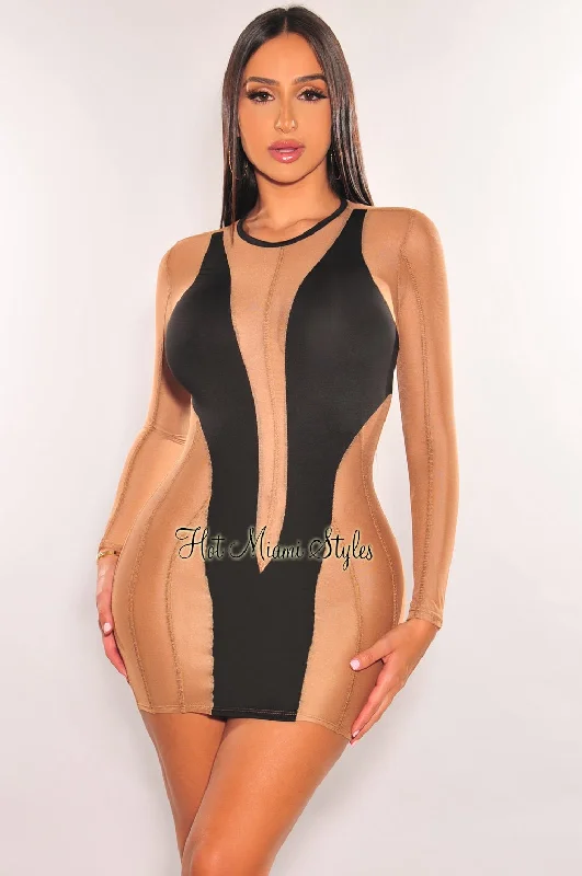 Black Nude Mesh Sheer Long Sleeve Mini Dress Best mini dresses for hourglass body shape