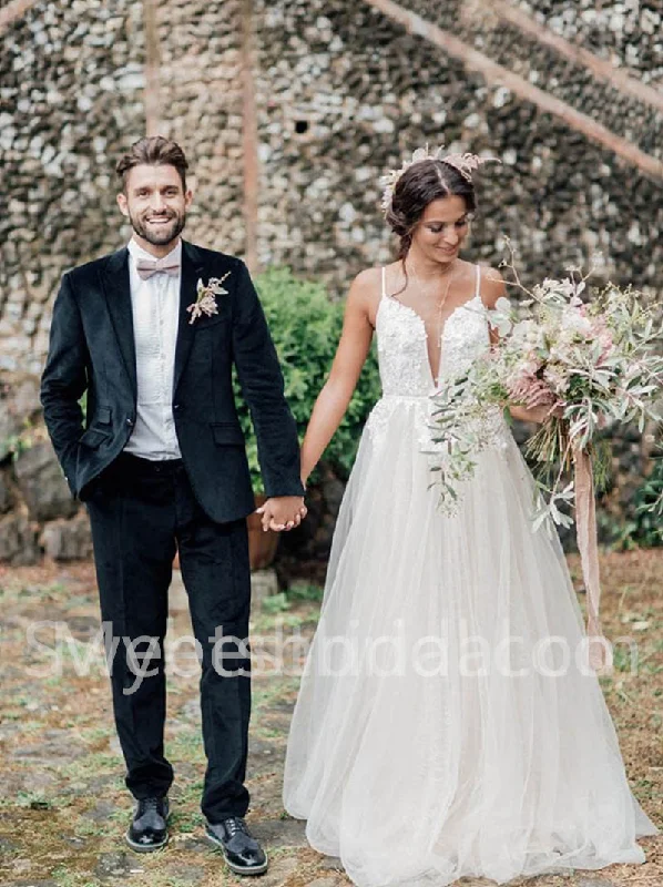 Elegant Spaghetti straps V-neck A-line Lace applique Wedding Dresses,DB0268 Sparkling Wedding Dress