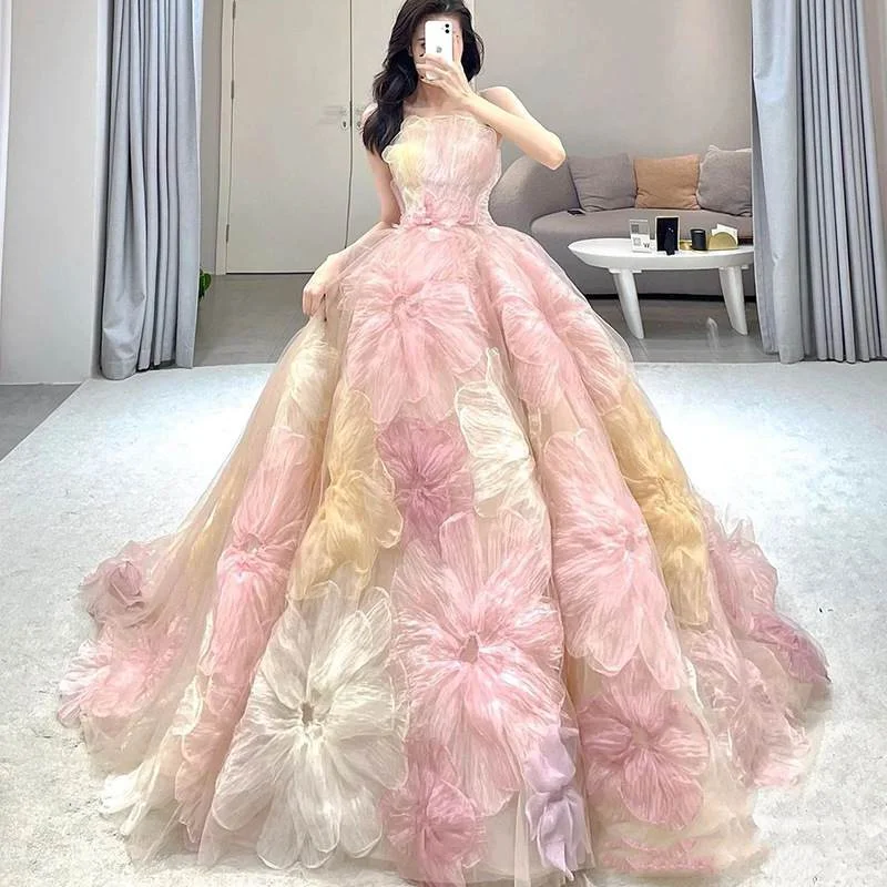 Strapless 3D Flowers Pink Colored Wedding Dresses Debut Ball Gowns