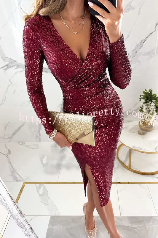 Lilipretty Main Character Sequin Long Sleeve Side Slit Midi Dress Best midi dresses for elegant looks