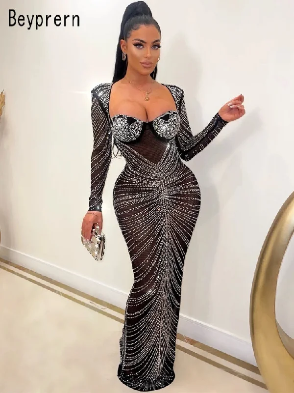 Beyprern Gorgeous Open Back Sequin Maxi Dress Woman Crystal Party Dress Night Out Robes Christmas Outfits Sexy Clubwear Stretchy maxi dresses