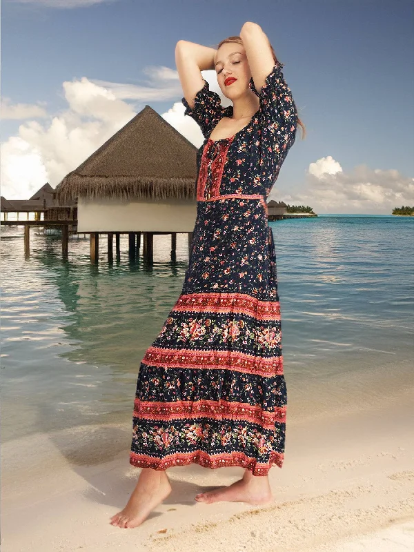 Bohemian Gypsy Hippy Cotton Light Weight Long Dress Black Floral S-M-L PrettyLittleThing maxi dresses