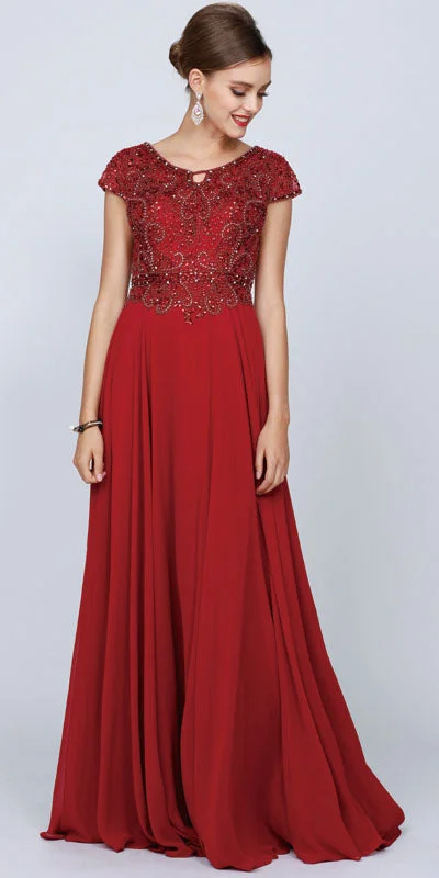 Juliet 657 Cap Sleeves Beaded Bodice A-line Long Dress Denim maxi dresses