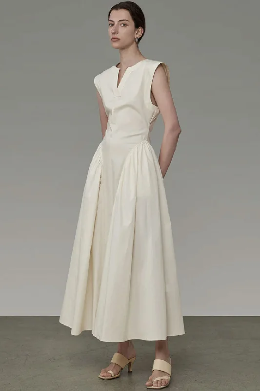Classy V Neck Ruffle Detail Pocket Trim Sleeveless Maxi Dress - Apricot Holiday maxi dresses