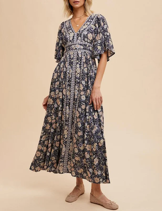 Loraine Flutter Sleeve Midnight Floral Maxi Dress Wedding guest maxi dresses
