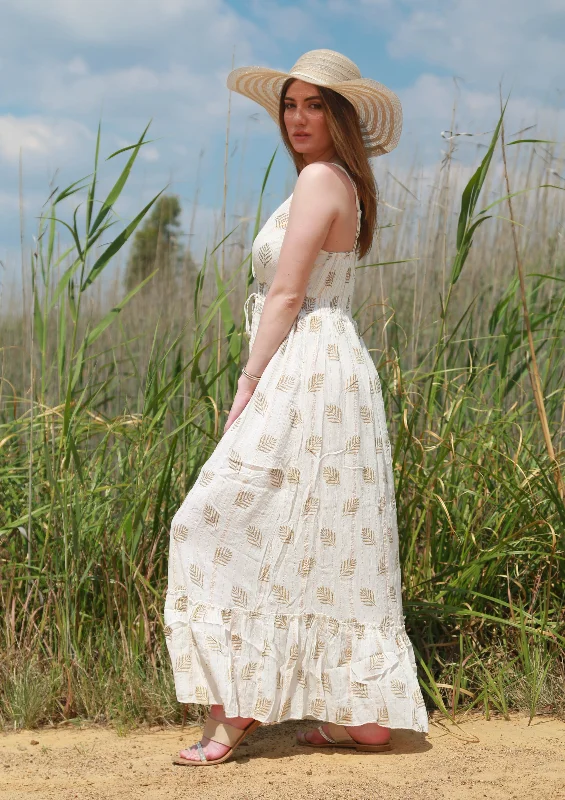 Maxi Spaghetti dress with gold Lurex - Cream Vacation maxi dresses