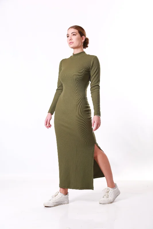 Ribbed Maxi winter dress Polar neck- Khaki Hot new arrivals in maxi dresses