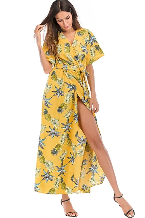 Style Pineapple Printed Maxi Dress with Wrap Front Y2K maxi dresses
