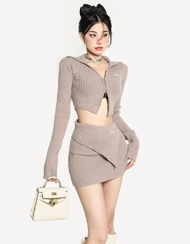 Jazmyn Solid Color Ribbed Light Brown Zip Up Long Sleeve Top Slim Mini Skirt Matching Set Distressed Mini Skirt
