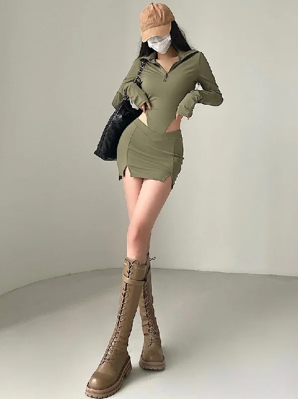 Libby Solid Color Slim Long Sleeve Bodysuit Top Slim Double Slit Mini Skirt Matching Set Vintage Pleated Skirt