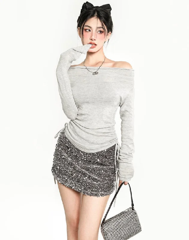 Sadie Grey Sequined Mini Skirt Skirt with Buttons