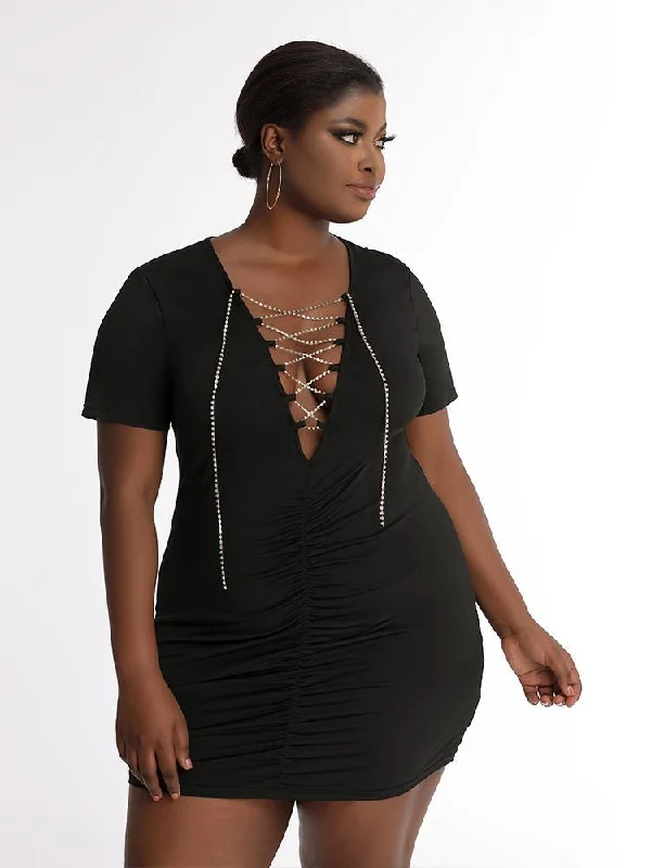 Ruched Rhinestone Cross Dress Mesh unclassified dresses