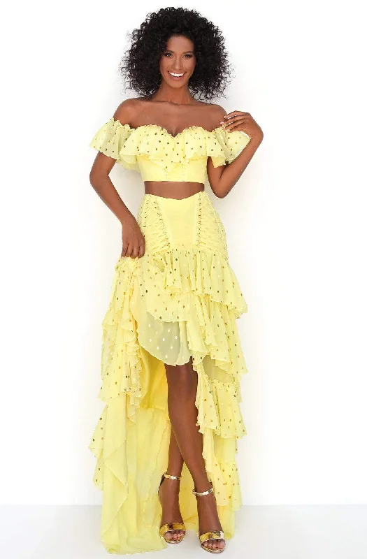 Tarik Ediz - 50623 Off-Shoulder Ruffles Dots Chiffon Two-Piece Dress