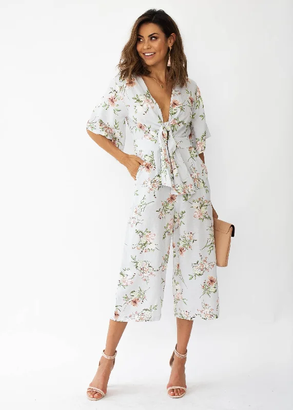 Aleia Tie Linen Pantsuit - Blue Floral