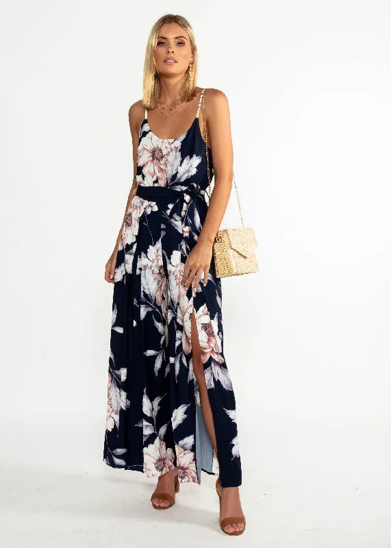 Electric Feeling Pantsuit w/ Tie - Navy Floral