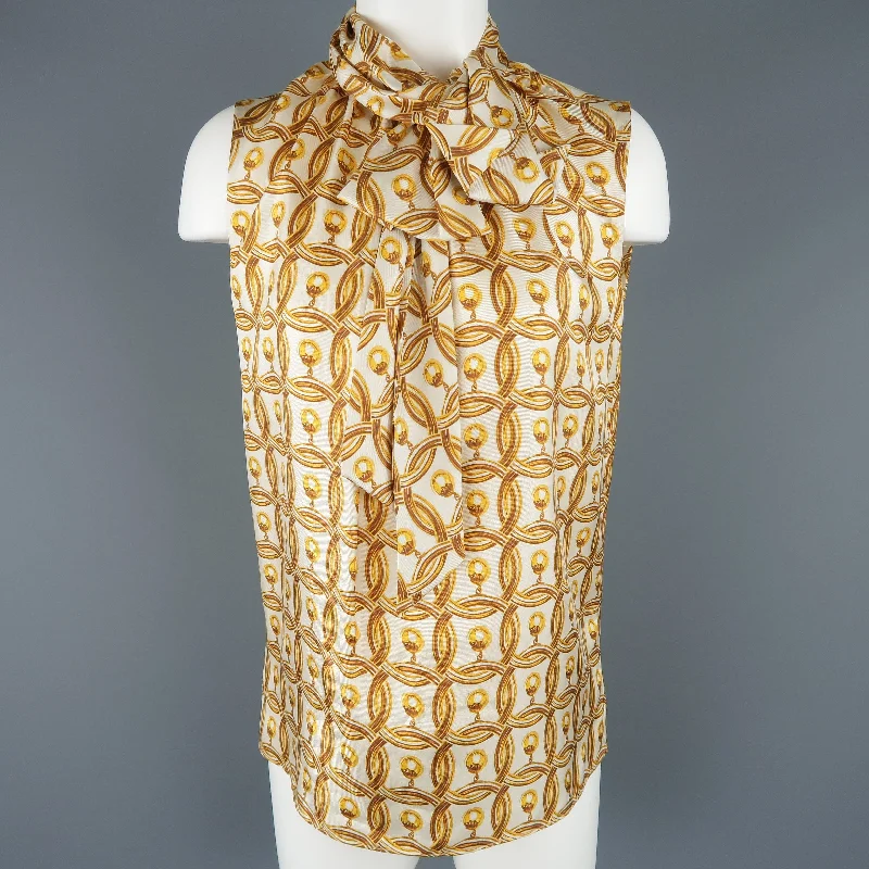 MOSCHINO Size 6 Gold & Cream Hoop Earring Print Silk Bow Dress Top Stretchy floral dresses