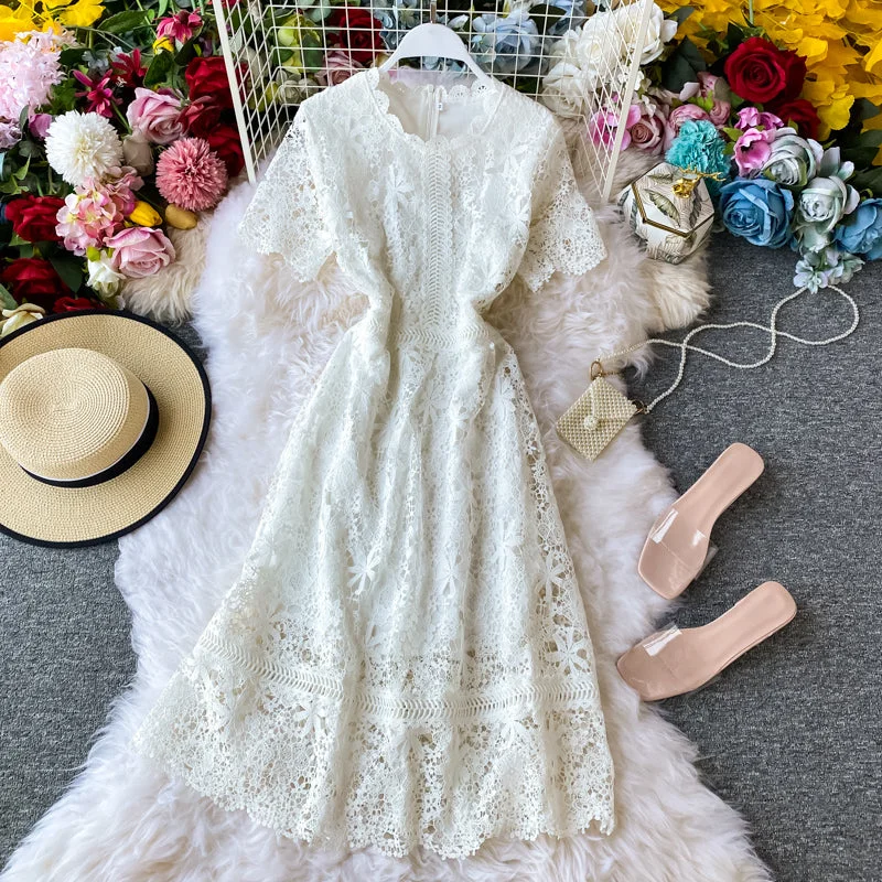 New over knee white lace dress sweet fairy skirt short sleeve long skirt  3136 Slim-fit Maxi Skirt