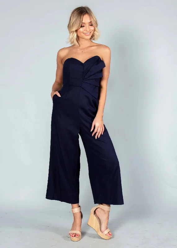 Rapid Fire Linen Strapless Pantsuit - Navy