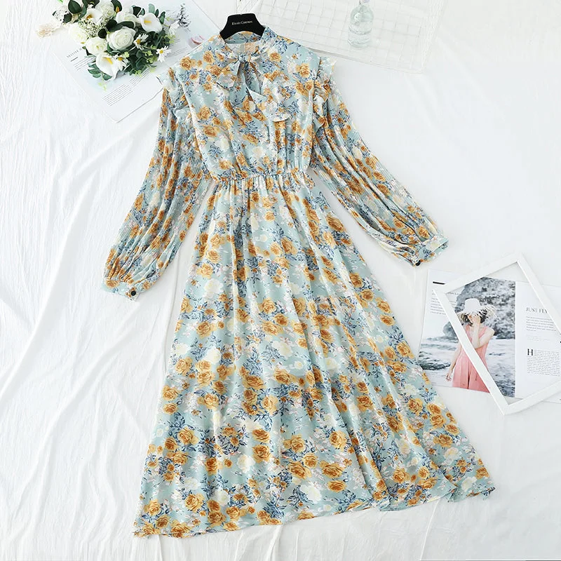 The new female Floral Chiffon dress is slim at the waist  3907