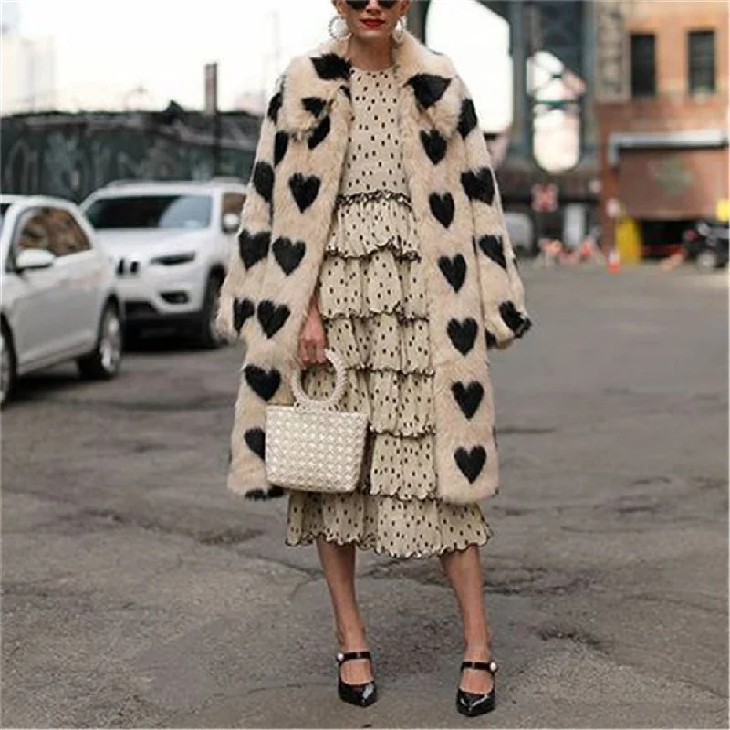 Winter Women Warm Faux Fur Long Coat Love Pattern Turn Down Collar Plush Classic Coat