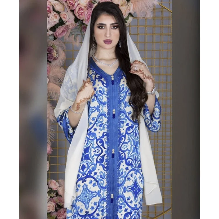 Women V-neck Printed Robe Dress (Color:Blue Size:S) Office floral dresses
