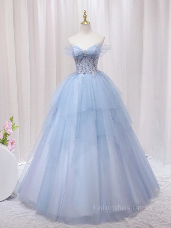 A-Line Sweetheart Neck Tulle Lace Blue Long Corset Prom Dress, Blue Corset Formal Evening Dress outfit Tulle Lace Gown