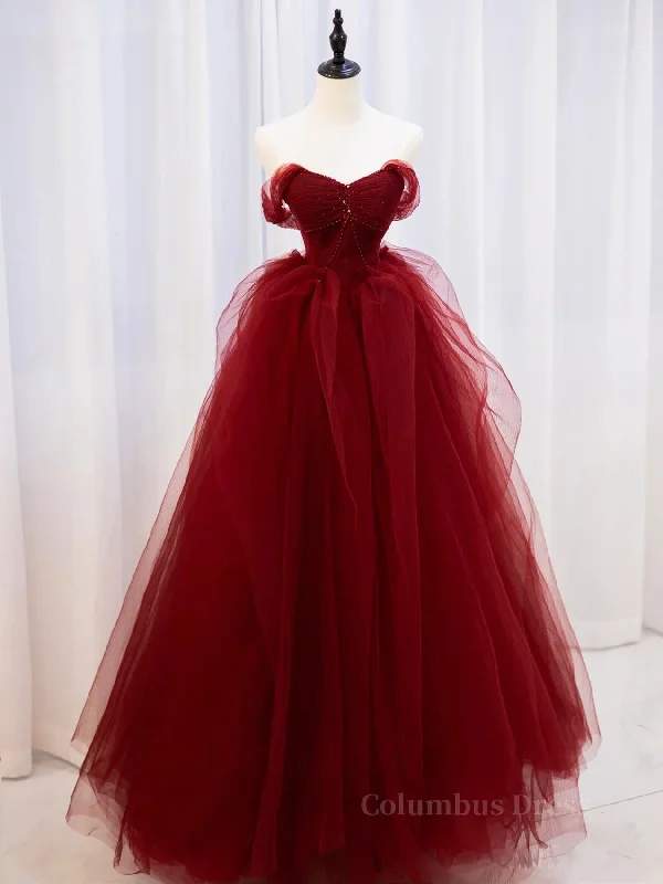 Burgundy off shoulder tulle lace long Corset Prom dress burgundy Corset Formal dress outfit Casual Tulle Dress