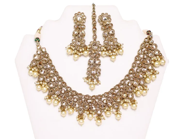 Blush Rose Gold with Pearls Necklace Set with Earrings and Tika- JW2007 Casual Lace Dress