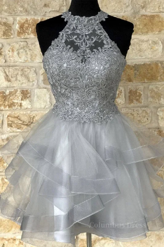 Gray tulle lace high neck short Corset Prom dress gray Corset Homecoming dress outfit Tulle Dress Sleek
