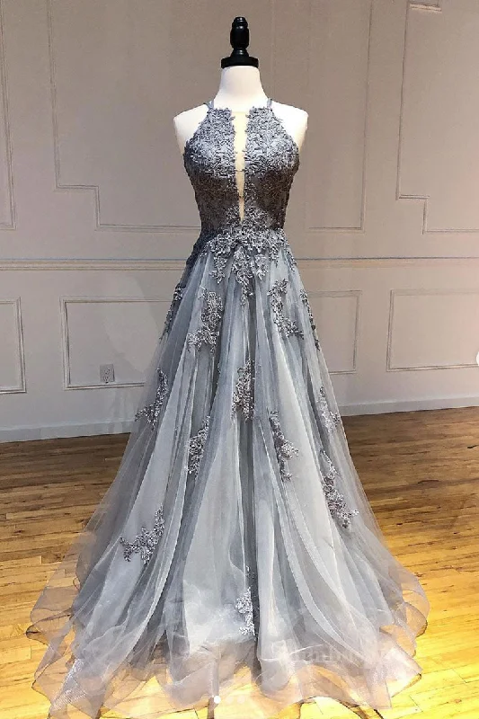 Gray tulle lace long Corset Prom dress gray tulle lace Corset Formal dress outfit