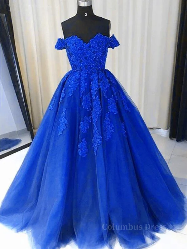 Off the Shouler Royal Blue Lace Corset Prom Dresses, Off Shoulder Blue Lace Corset Formal Evening Dresses outfit Lace Dress Accent