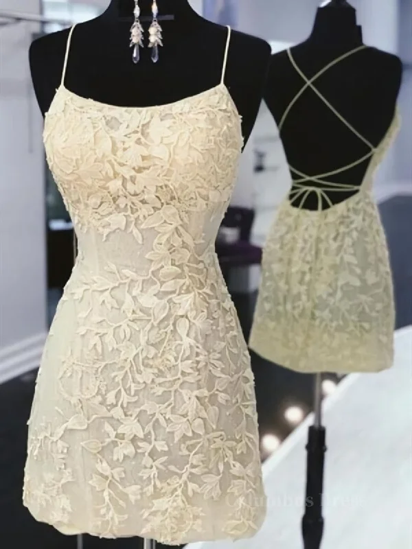 Open Back Short Yellow Lace Corset Prom Dresses, Short Backless Yellow Lace Corset Formal Corset Homecoming Dresses outfit Lace Dress Elegance