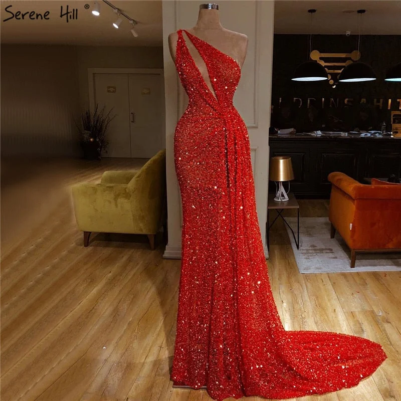 Dubai Red One Shoulder Sexy Evening Dresses 2024 Mermaid Beading Sequins Luxury Formal Dress Serene Hill LA70297