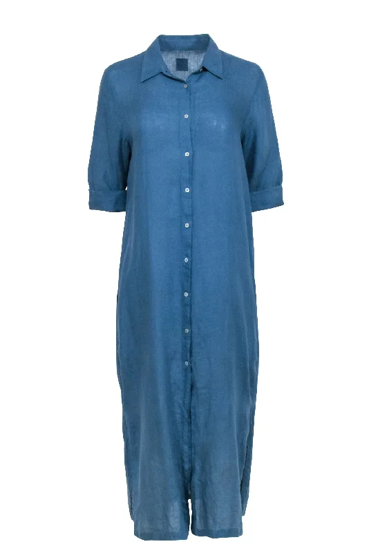 120% Lino - Blue Button Front Crop Sleeve Shirt Dress Sz 6