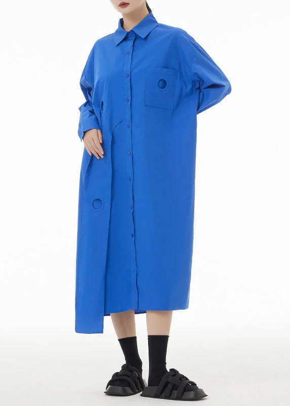 Blue Patchwork Cotton Shirt Dress Peter Pan Collar Button Spring Blue Shirt Dress