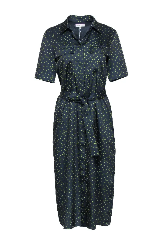 Lafayette 148 - Navy & Green Polka Dot Shirt Dress Sz S Belted Button Dress