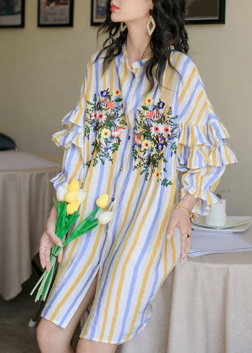 Loose Striped Ruffled Low High Design Cotton Shirt Dress Spring Elegant Shirt Gown