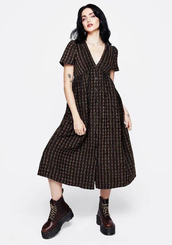 Rydal Check Button Up Midi Dress - Brown Silk Midi Skirt