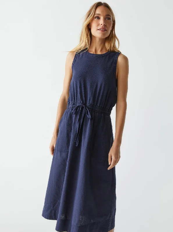 Wilhelmina Mixed Fabric Midi Dress - Nocturnal A-line Midi Skirt